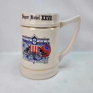 NFL Beer Stein Super Bowl XXVII 1993 Cowboys Buffalo Bills Cream Gold Trim VTG
